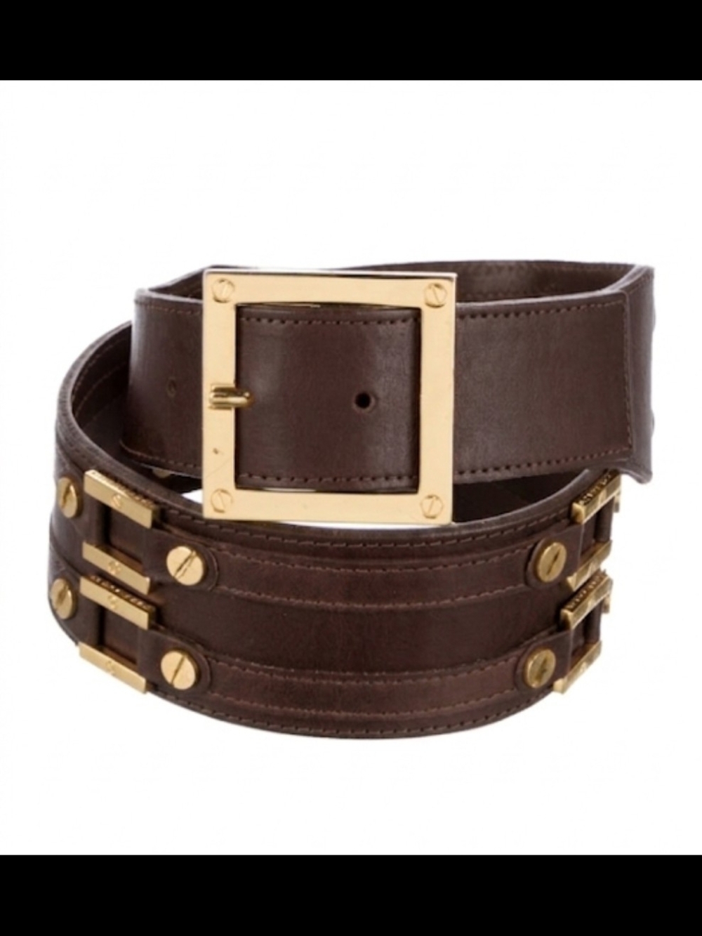 Tory Burch Women's Brown Leather Wide Belt with Gold Hardware
